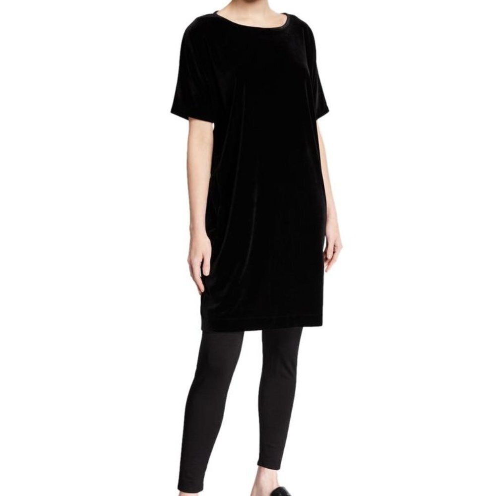 Eileen Fisher Black Velvet Round Neck Short Sleeve Dress